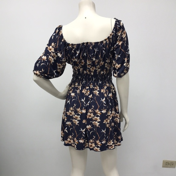 Large Navy Blue Floral Dress with Smocked Waist - Picture 3 of 10